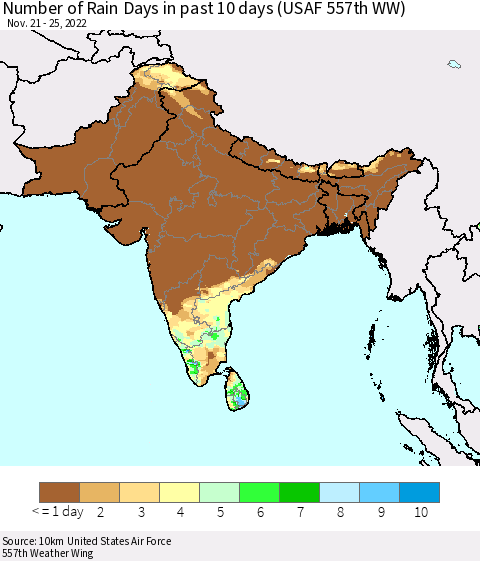 Southern Asia Number of Rain Days in past 10 days (USAF 557th WW) Thematic Map For 11/21/2022 - 11/25/2022