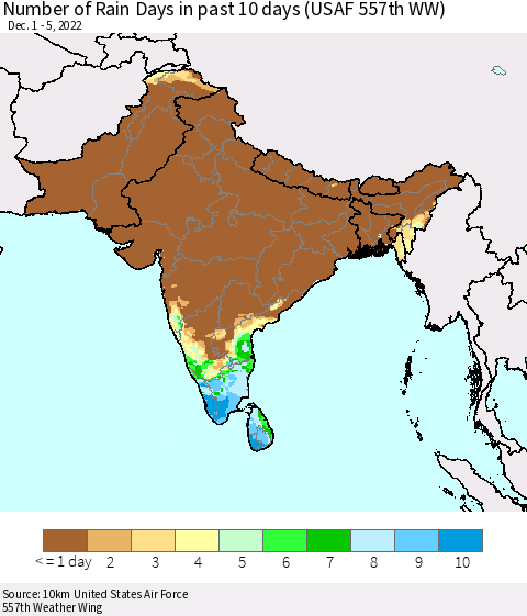Southern Asia Number of Rain Days in past 10 days (USAF 557th WW) Thematic Map For 12/1/2022 - 12/5/2022