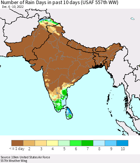 Southern Asia Number of Rain Days in past 10 days (USAF 557th WW) Thematic Map For 12/6/2022 - 12/10/2022