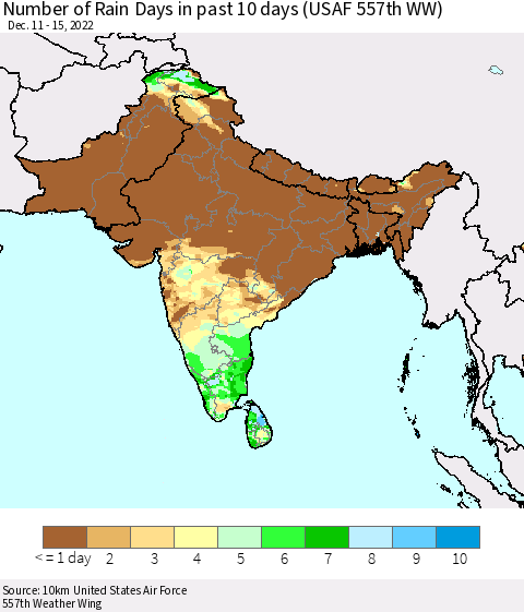 Southern Asia Number of Rain Days in past 10 days (USAF 557th WW) Thematic Map For 12/11/2022 - 12/15/2022