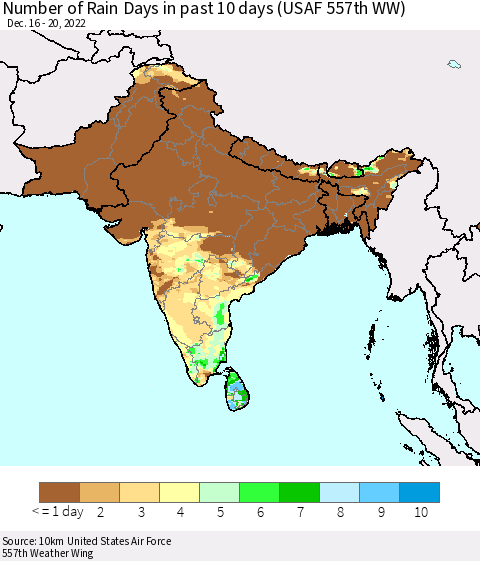 Southern Asia Number of Rain Days in past 10 days (USAF 557th WW) Thematic Map For 12/16/2022 - 12/20/2022