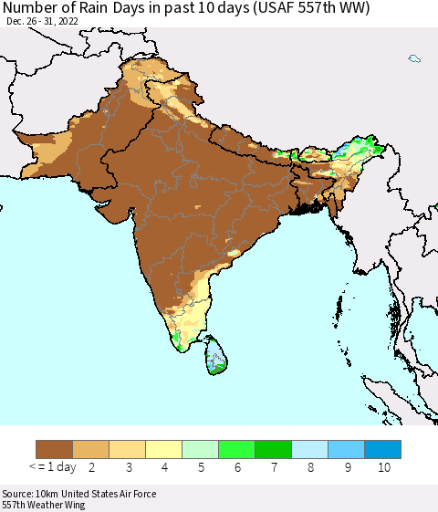 Southern Asia Number of Rain Days in past 10 days (USAF 557th WW) Thematic Map For 12/26/2022 - 12/31/2022