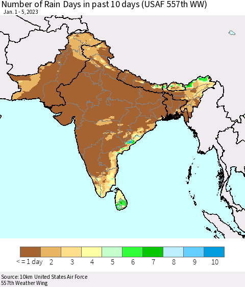 Southern Asia Number of Rain Days in past 10 days (USAF 557th WW) Thematic Map For 1/1/2023 - 1/5/2023
