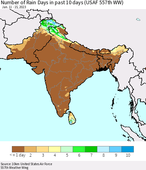 Southern Asia Number of Rain Days in past 10 days (USAF 557th WW) Thematic Map For 1/11/2023 - 1/15/2023