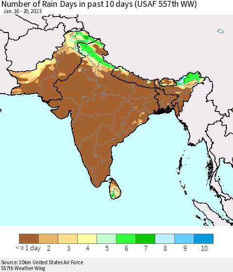 Southern Asia Number of Rain Days in past 10 days (USAF 557th WW) Thematic Map For 1/16/2023 - 1/20/2023