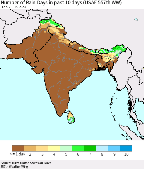 Southern Asia Number of Rain Days in past 10 days (USAF 557th WW) Thematic Map For 2/21/2023 - 2/25/2023