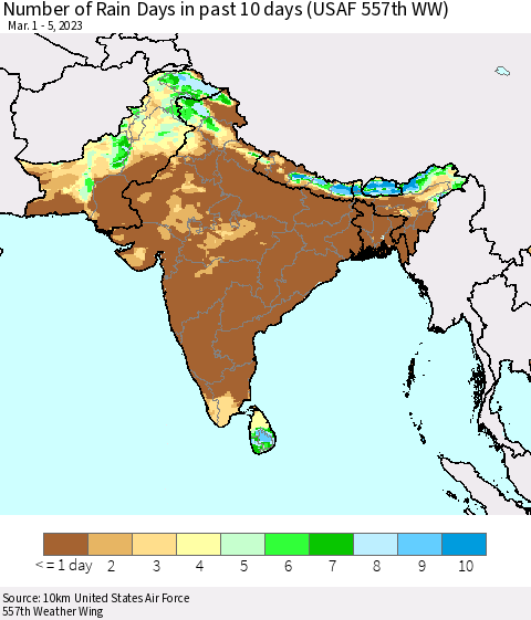 Southern Asia Number of Rain Days in past 10 days (USAF 557th WW) Thematic Map For 3/1/2023 - 3/5/2023