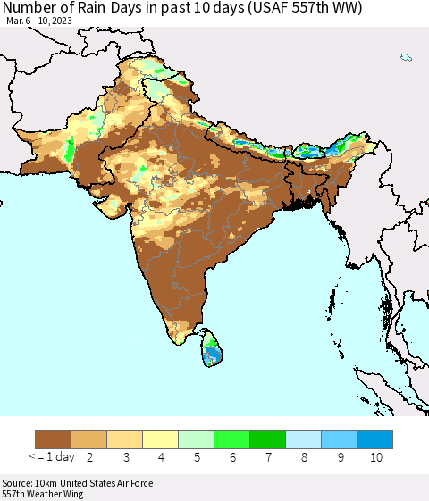 Southern Asia Number of Rain Days in past 10 days (USAF 557th WW) Thematic Map For 3/6/2023 - 3/10/2023