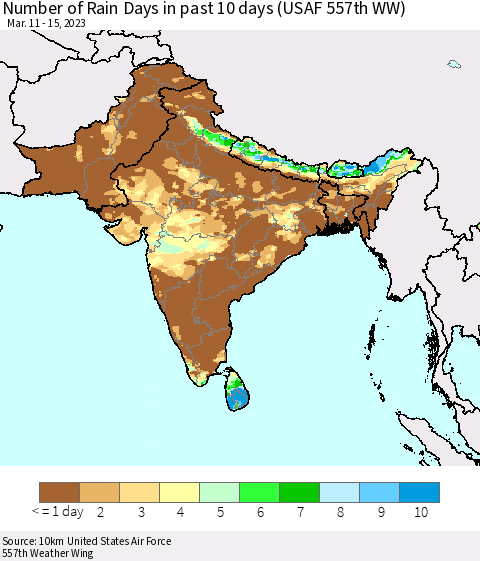 Southern Asia Number of Rain Days in past 10 days (USAF 557th WW) Thematic Map For 3/11/2023 - 3/15/2023