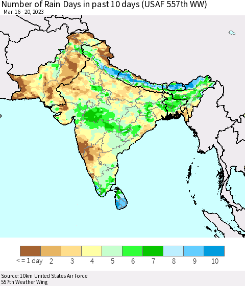Southern Asia Number of Rain Days in past 10 days (USAF 557th WW) Thematic Map For 3/16/2023 - 3/20/2023