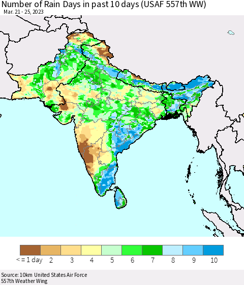 Southern Asia Number of Rain Days in past 10 days (USAF 557th WW) Thematic Map For 3/21/2023 - 3/25/2023