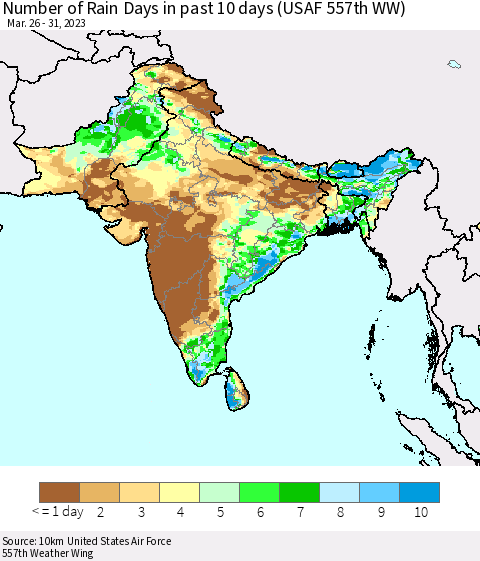 Southern Asia Number of Rain Days in past 10 days (USAF 557th WW) Thematic Map For 3/26/2023 - 3/31/2023