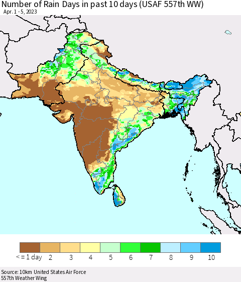 Southern Asia Number of Rain Days in past 10 days (USAF 557th WW) Thematic Map For 4/1/2023 - 4/5/2023