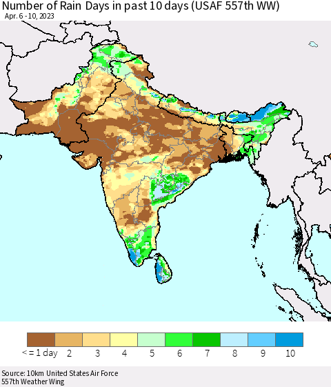 Southern Asia Number of Rain Days in past 10 days (USAF 557th WW) Thematic Map For 4/6/2023 - 4/10/2023