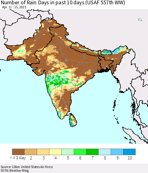 Southern Asia Number of Rain Days in past 10 days (USAF 557th WW) Thematic Map For 4/11/2023 - 4/15/2023