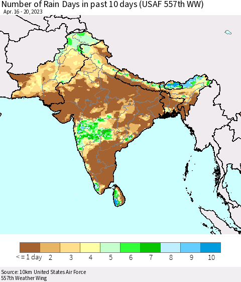 Southern Asia Number of Rain Days in past 10 days (USAF 557th WW) Thematic Map For 4/16/2023 - 4/20/2023