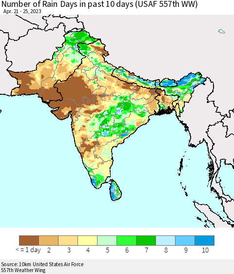 Southern Asia Number of Rain Days in past 10 days (USAF 557th WW) Thematic Map For 4/21/2023 - 4/25/2023