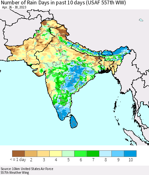 Southern Asia Number of Rain Days in past 10 days (USAF 557th WW) Thematic Map For 4/26/2023 - 4/30/2023