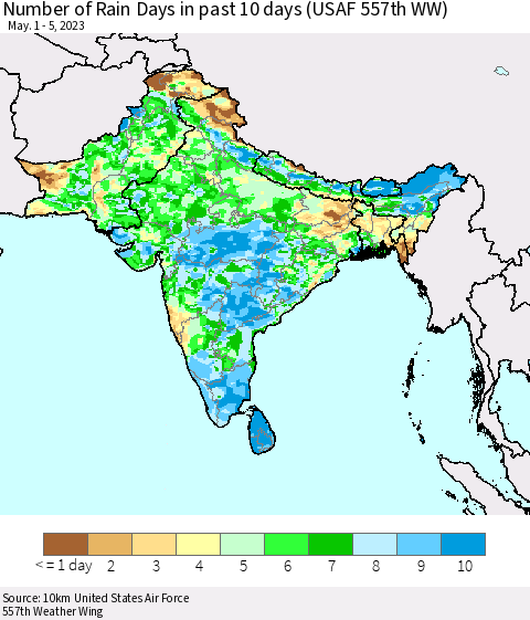 Southern Asia Number of Rain Days in past 10 days (USAF 557th WW) Thematic Map For 5/1/2023 - 5/5/2023