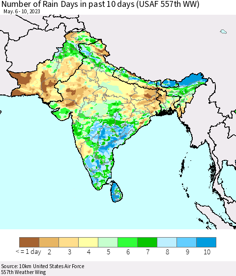 Southern Asia Number of Rain Days in past 10 days (USAF 557th WW) Thematic Map For 5/6/2023 - 5/10/2023