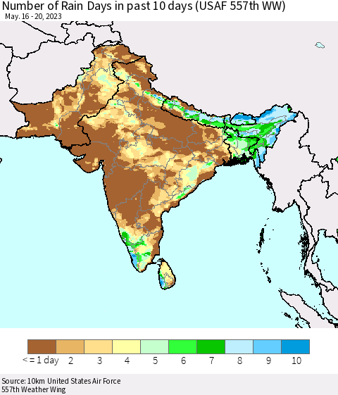 Southern Asia Number of Rain Days in past 10 days (USAF 557th WW) Thematic Map For 5/16/2023 - 5/20/2023