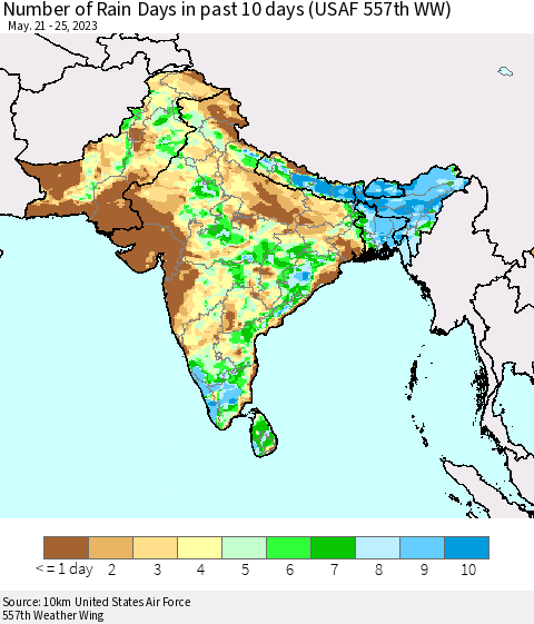 Southern Asia Number of Rain Days in past 10 days (USAF 557th WW) Thematic Map For 5/21/2023 - 5/25/2023