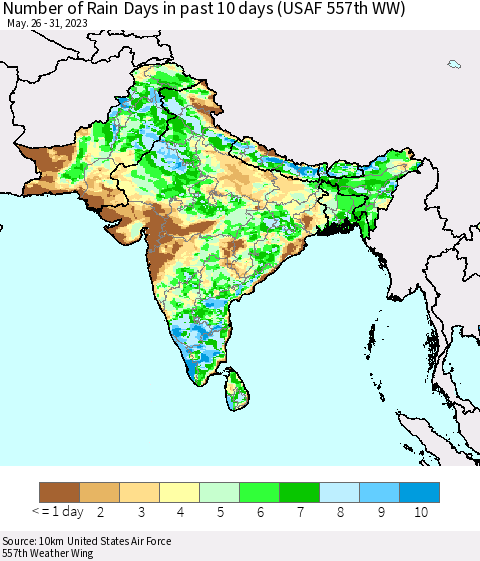 Southern Asia Number of Rain Days in past 10 days (USAF 557th WW) Thematic Map For 5/26/2023 - 5/31/2023