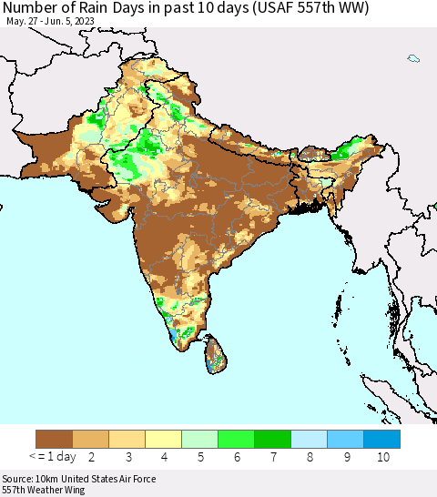 Southern Asia Number of Rain Days in past 10 days (USAF 557th WW) Thematic Map For 6/1/2023 - 6/5/2023