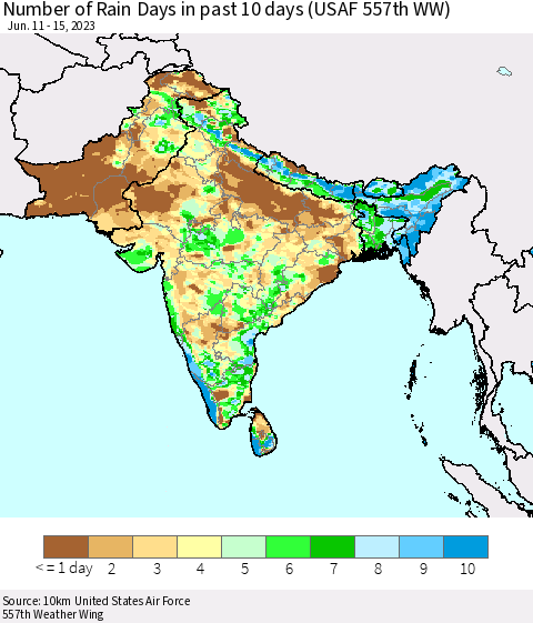 Southern Asia Number of Rain Days in past 10 days (USAF 557th WW) Thematic Map For 6/11/2023 - 6/15/2023