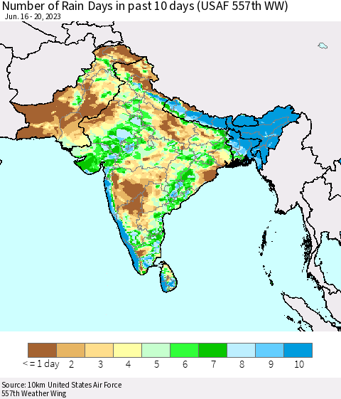 Southern Asia Number of Rain Days in past 10 days (USAF 557th WW) Thematic Map For 6/16/2023 - 6/20/2023