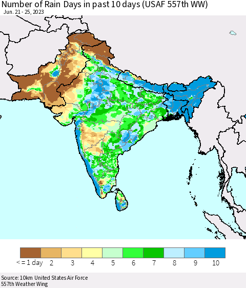 Southern Asia Number of Rain Days in past 10 days (USAF 557th WW) Thematic Map For 6/21/2023 - 6/25/2023