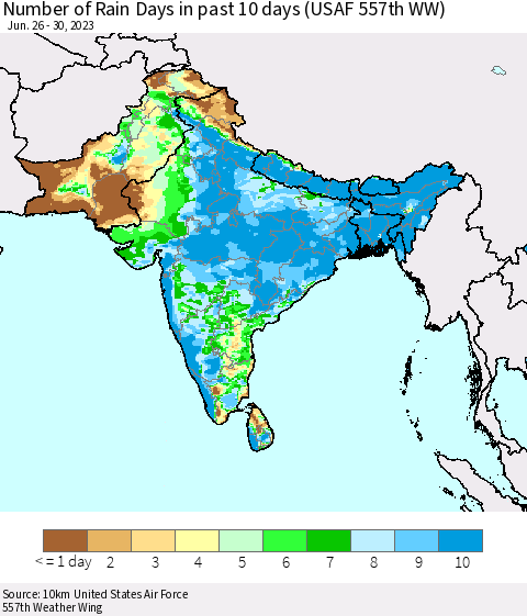 Southern Asia Number of Rain Days in past 10 days (USAF 557th WW) Thematic Map For 6/26/2023 - 6/30/2023