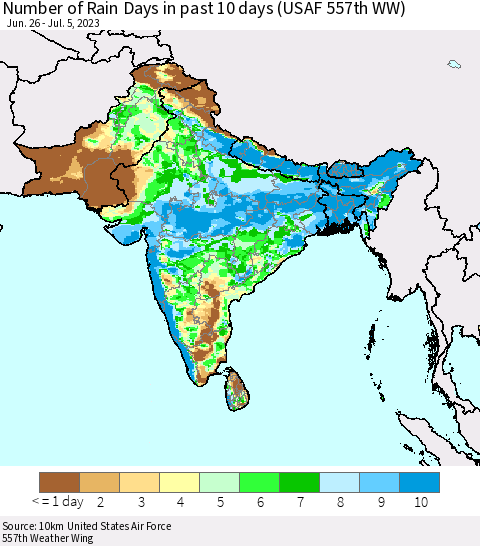 Southern Asia Number of Rain Days in past 10 days (USAF 557th WW) Thematic Map For 7/1/2023 - 7/5/2023