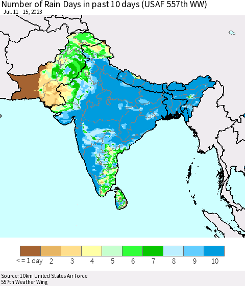 Southern Asia Number of Rain Days in past 10 days (USAF 557th WW) Thematic Map For 7/11/2023 - 7/15/2023