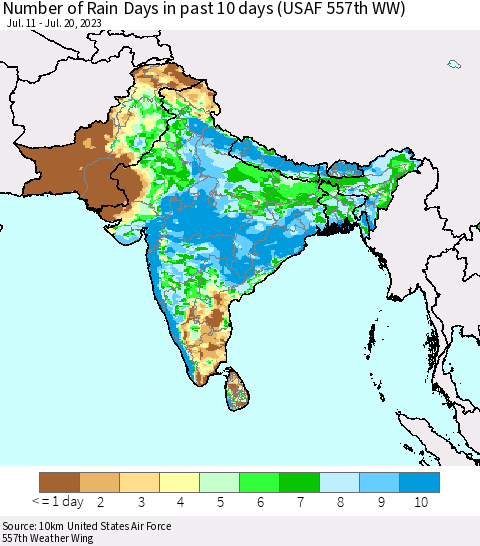 Southern Asia Number of Rain Days in past 10 days (USAF 557th WW) Thematic Map For 7/16/2023 - 7/20/2023