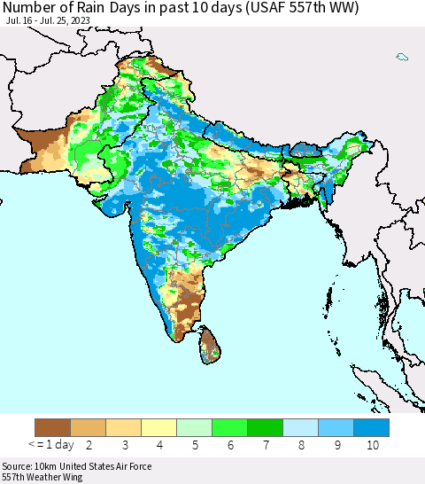 Southern Asia Number of Rain Days in past 10 days (USAF 557th WW) Thematic Map For 7/21/2023 - 7/25/2023