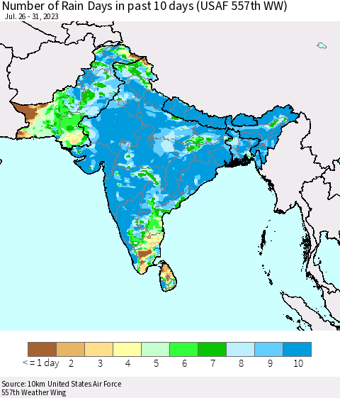Southern Asia Number of Rain Days in past 10 days (USAF 557th WW) Thematic Map For 7/26/2023 - 7/31/2023