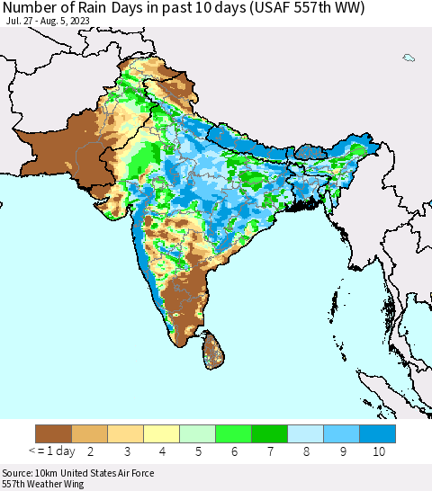 Southern Asia Number of Rain Days in past 10 days (USAF 557th WW) Thematic Map For 8/1/2023 - 8/5/2023