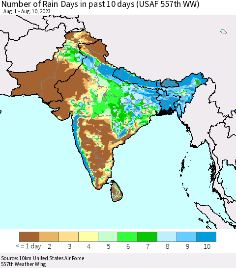 Southern Asia Number of Rain Days in past 10 days (USAF 557th WW) Thematic Map For 8/6/2023 - 8/10/2023