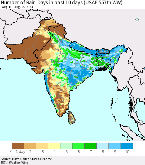 Southern Asia Number of Rain Days in past 10 days (USAF 557th WW) Thematic Map For 8/21/2023 - 8/25/2023