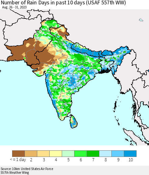 Southern Asia Number of Rain Days in past 10 days (USAF 557th WW) Thematic Map For 8/26/2023 - 8/31/2023