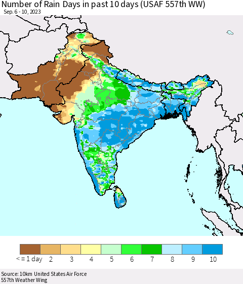 Southern Asia Number of Rain Days in past 10 days (USAF 557th WW) Thematic Map For 9/6/2023 - 9/10/2023
