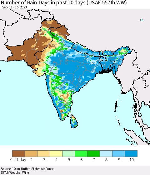 Southern Asia Number of Rain Days in past 10 days (USAF 557th WW) Thematic Map For 9/11/2023 - 9/15/2023