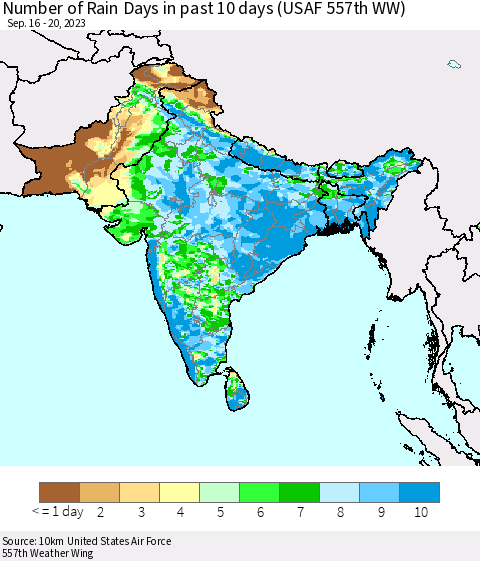 Southern Asia Number of Rain Days in past 10 days (USAF 557th WW) Thematic Map For 9/16/2023 - 9/20/2023