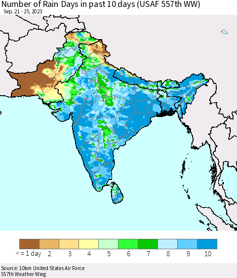 Southern Asia Number of Rain Days in past 10 days (USAF 557th WW) Thematic Map For 9/21/2023 - 9/25/2023