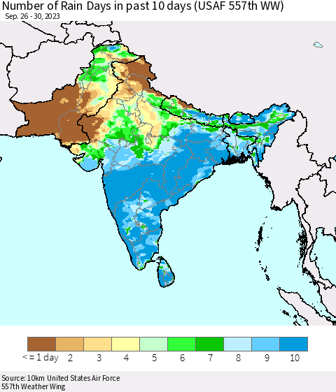 Southern Asia Number of Rain Days in past 10 days (USAF 557th WW) Thematic Map For 9/26/2023 - 9/30/2023
