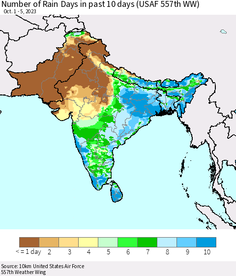 Southern Asia Number of Rain Days in past 10 days (USAF 557th WW) Thematic Map For 10/1/2023 - 10/5/2023