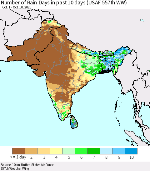 Southern Asia Number of Rain Days in past 10 days (USAF 557th WW) Thematic Map For 10/6/2023 - 10/10/2023