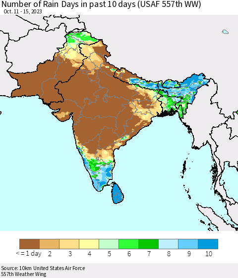 Southern Asia Number of Rain Days in past 10 days (USAF 557th WW) Thematic Map For 10/11/2023 - 10/15/2023