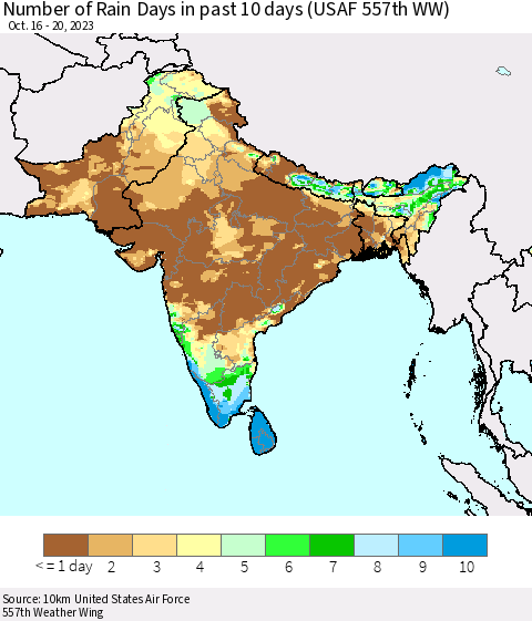 Southern Asia Number of Rain Days in past 10 days (USAF 557th WW) Thematic Map For 10/16/2023 - 10/20/2023